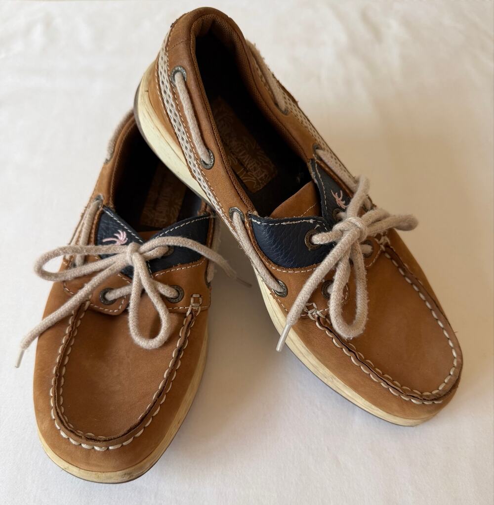Margaritaville Martinique Tan Leather Boat Shoes w/ Florida Map on Soles Size 7